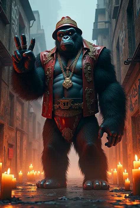 A flyer for an event that contains a giant Gorilla dressed as a rapper  ,  showing four fingers to the camera and in the background an underground neighborhood with burning candles