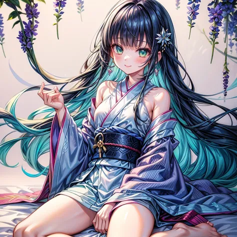 1girl, solo, full body, beautiful illustration, happy smile, cute girl, pastel color, petite body, medium breasts, BREAK, dark blue hair, BREAK, long hair, blunt bangs, wearing light blue kimono with long hanging sleeves worn, Lavender pattern, glossy eyes...