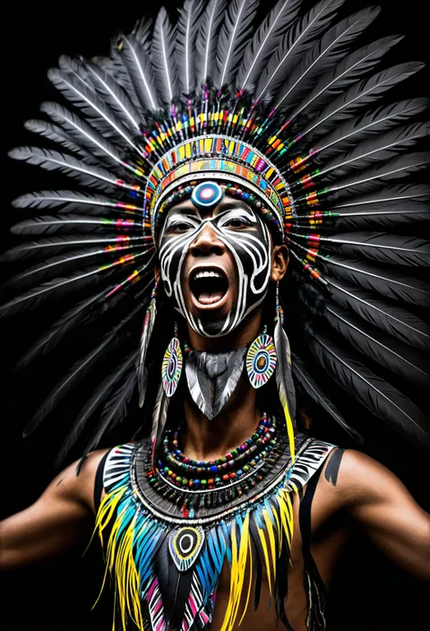 black filipino face painted with black ink in abstract style, in a colorful ethnic warrior feather headdress and face with a extreme shouting, eyes wide open, expression on his face, award - winning photo, a full frame. black background