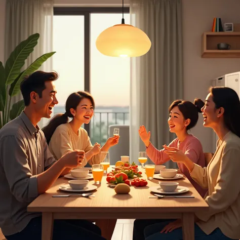 "A dining table in the apartment with dishes served, where no cell phones are present, and a family is laughing and interacting naturally."