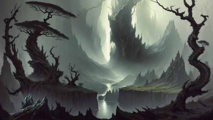 night forest, gloomy, scary, dramatic,  dry scaled branchy trees,  clear lakes closer to the center , отражения in the water, cliff, waterfall, ( unusual long fish-like snake, with 4 fins , leviathan, long high crest , many fins . lots of eyes on a fishs o...