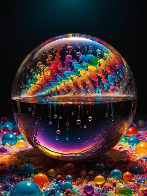 A psychedelic dream, vibrant colors shimmering, glass morphing from colors, intricate rainbow patterns, perfectly formed symmetrical spheres and glowing reflective bubbles, attention to detail on the bubbles and spheres, rainbows of color twisted in and ou...
