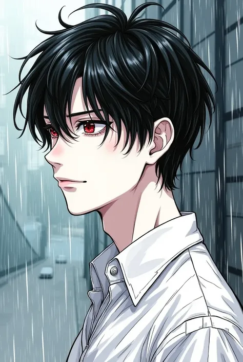 time,  short hair ,  masterpiece ,  The best quality ,  a man ,  black hair  ,  perfect face  , red eyes ,  handsome male  , alone, pale skin , adult man ,  upper body , delicate line drawing,  Side view  , extremely detailed , A slight smile, In the rain ...