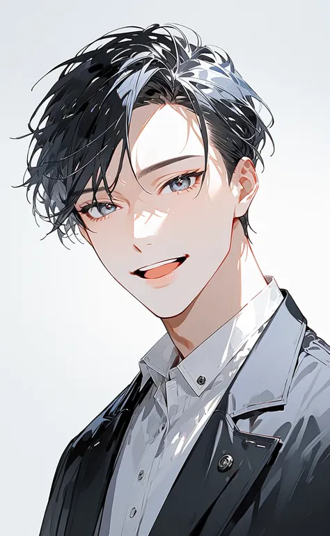 whole body、male、 is cool、 handsome、vtuber、White background、1 person、front、Character portrait、Arms at sides、upright、Open your mouth、smile、 simple outfit、Modern clothing、whole bodyが見える