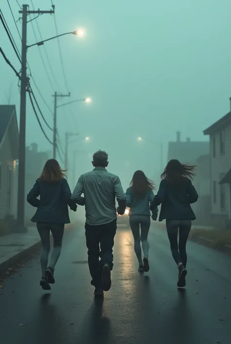 It generates an image of a man and three women who are running and arrive at a car in a sparsely inhabited and foggy town 