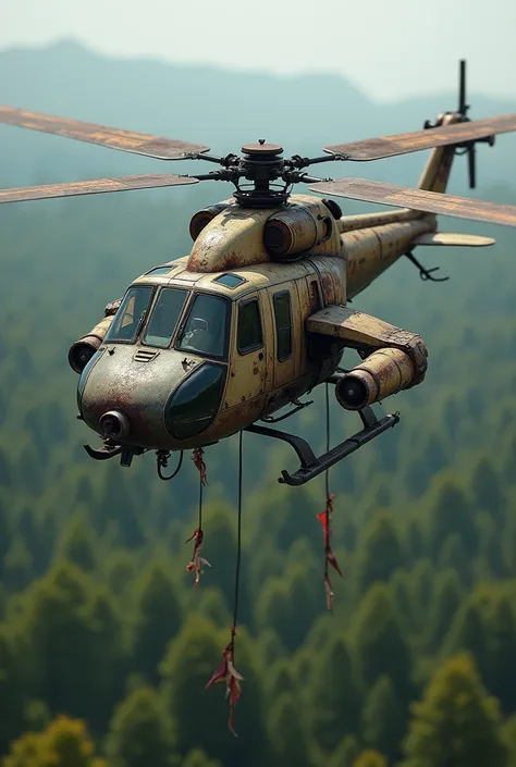 helicopter flying high above a forest, built using rusty metal, scrappy construction, made from scrap, post-apocalypse, flags draped below the landing skis, hard angle plating, sleek, harsh angles. forest background