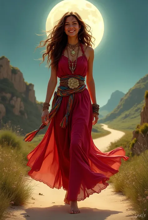  Gypsy girl with big half-brown hair and some curls,  red dress ,  colored scarf ,  on a full moon road ,  barefoot and with coin belt , happy and smiling, very charming ,   tanned skin , about thirty years old , full-bodied