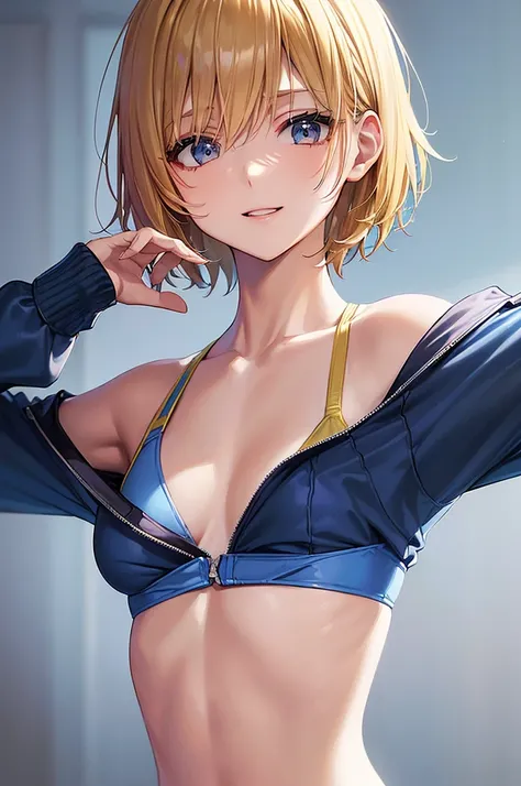 masterpiece, best quality,anime style, 1 girl,(((slender body))), (((small breast))),(((Jacket, Open your clothes, Open jacket, Blue jacket, Sports Bra,buruma))), (beautiful face), (((short hair))), (((straight hair))), ((((blonde hair)))),detailed beautif...