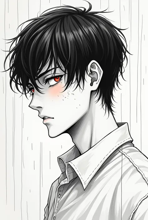 time,  short hair ,  masterpiece ,  The best quality ,  a man ,  black hair  ,  perfect face  , red eyes ,  handsome male  , alone, pale skin , adult man ,  upper body , delicate line drawing,  Side view  , extremely detailed , A slight smile,  in the rain...