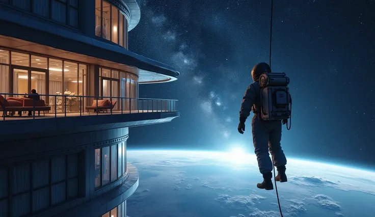 A tourist floating outside a space hotel in a spacesuit, tethered for safety. The person admires the vast, star-filled void, with Earth glowing brilliantly in the distance. The hotel’s futuristic architecture, combined with the serene beauty of space, crea...