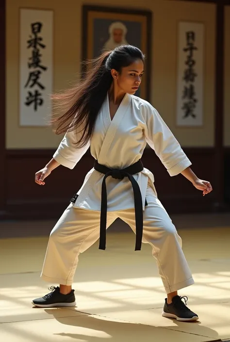 Indian women judo long hair and judo suit with sports shoes 