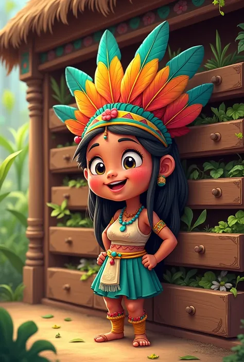 Cartoon of an indigenous woman with a headdress, smiling, next to a wooden cabinet with many drawers containing medicinal herbs