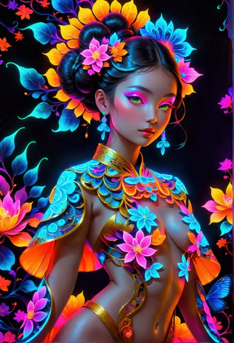 (masterpiece, Top quality, Best quality, Official Art, Beauty and aesthetics), (1girl:1.3), Extremely detailed, (Fractal Art:1.2), colorful, Highest detail, (Zen art Neon:1.2), (Dynamic poses), (abstract background Neon:1.5), (Traditional clothing:1.2), (S...