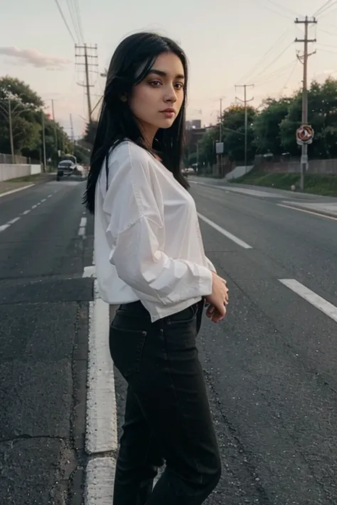  A beautiful girl with straight black hair is standing by the road, where are cars going 