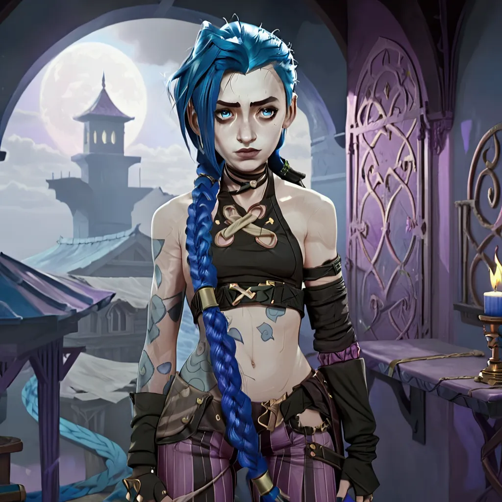 picture in 3d. young woman (jinx arcane ),  strap with blue hair braided in a long braid , with blue eyes. there are tattoos on ...