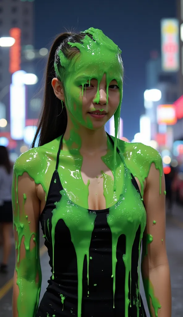 cinematic photograph of korean teen covered in dripping green slime. wearing black halter dress . f/1.4 aperture. hyper-realisti...