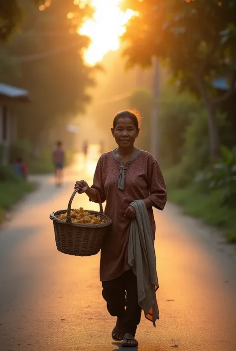 A young Indonesian mother walks down a village street with a basket of traditional food. She wears a simple kebaya and a long cloth, looking energetic despite her tired face. The morning sun has just risen, illuminating the trees on the side of the road.