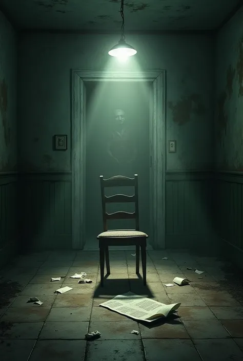 A dark and dusty room, with a chair in the center and a sheet of paper thrown on the floor . 

include subtle details ,  like unsettling shadows on the walls or a blurry figure in the background.
