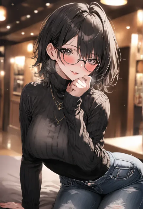 masterpiece, 1 girl, neet girl, mature woman, black hair long bangs, short hair, black eyes, slight blush, semi-rimless glasses, black turtleneck sweater, jeans pant, 