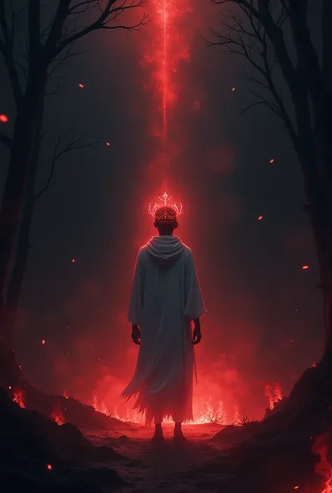 Darkness with flashes of red flames . a figure with his back turned, dressed in white,  with a weakly glowing crown of stars.