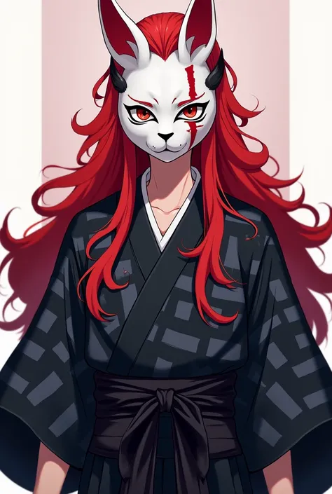  Capture of kimetsu no yaiba boy with long wavy hair with red tufts ,  eyes dark red color with scars on the cheeks and forehead ,She wore a dark yukata ,  printed with a geometric square pattern of black and dark gray ,  tied around her waist with a piece...