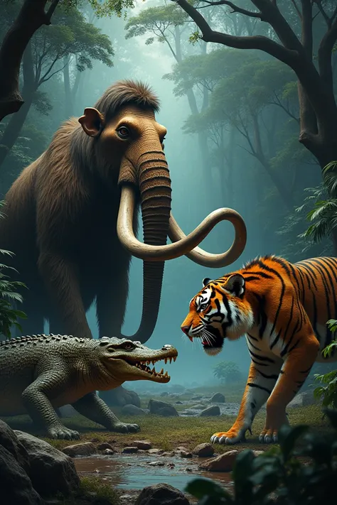 Here is the image of the mammoth ,  crocodile and tiger side by side ,  in a dark and mysterious jungle setting .  The composition emphasizes the unique characteristics of each animal in a dramatic setting.