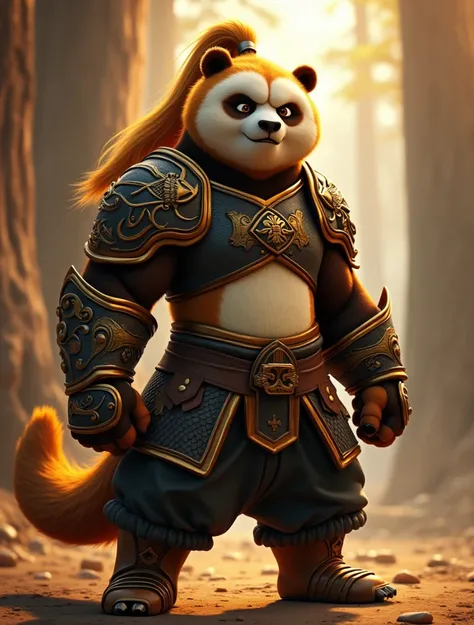  Wandering Blade from Kung Fu Panda : The Dragon Knight series ,  Wandering Blade is a female brown bear ,  with brown eyes,  light brown and white fur color , Ponytail blonde,  wears black and gold armor over black pants, leather tunic,  extremely beautif...