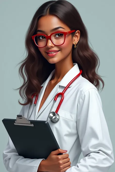 Make the figure of a young female doctor , Leave dark skin, Red Square Glasses,  straight brown hair with curls at the tip , small, red stethoscope,  black clipboard and small gold hoop earring