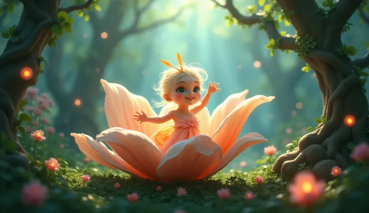 a 4K hyper-detailed fantasy image of a beautiful mythical flower spirit emerging gracefully from a large, vibrant flower pod in an enchanted forest. The spirit has delicate features with petal-like attire and soft, glowing skin, blending seamlessly with th...