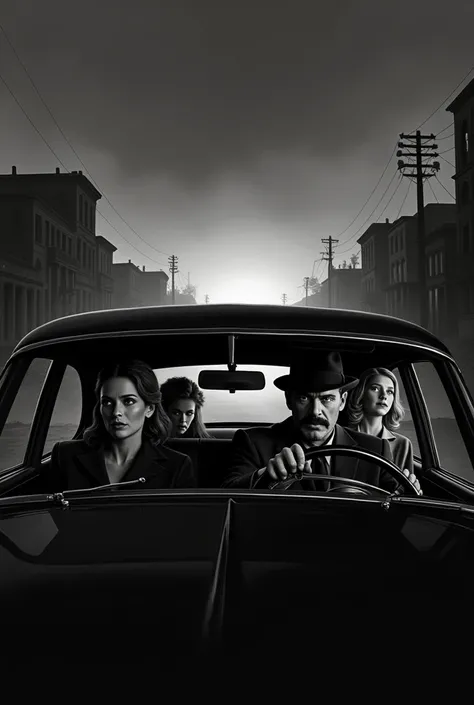 It generates an image where a man is driving a car and has three women as companions and they are leaving a sparsely inhabited and dismal town in black and white 