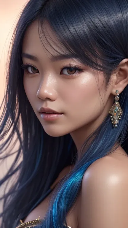 A close-up, photorealistic 8K image of a Thai woman with transparent, crystal-like skin, softly glowing from within with a gentle blue light. Her hair flows like liquid metal, surrounded by an aura of shimmering particles. emphasizing the intricate details...