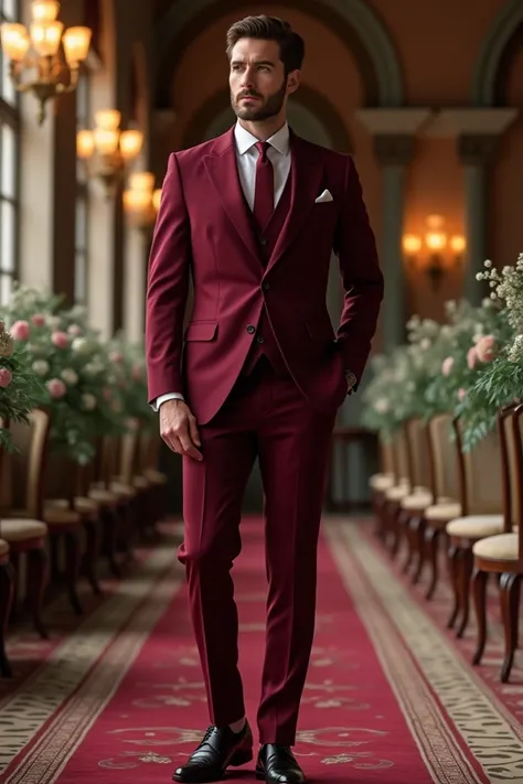 Elegant burgundy wedding suit, Italian style 