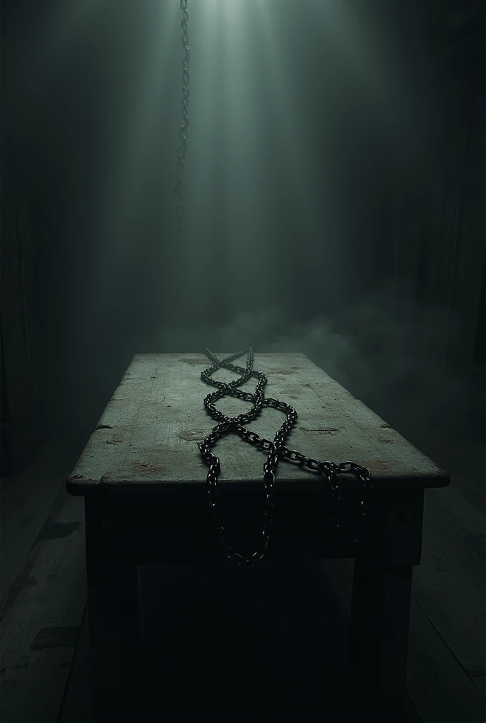 Small black chains Stretching  in the dark room table with no light