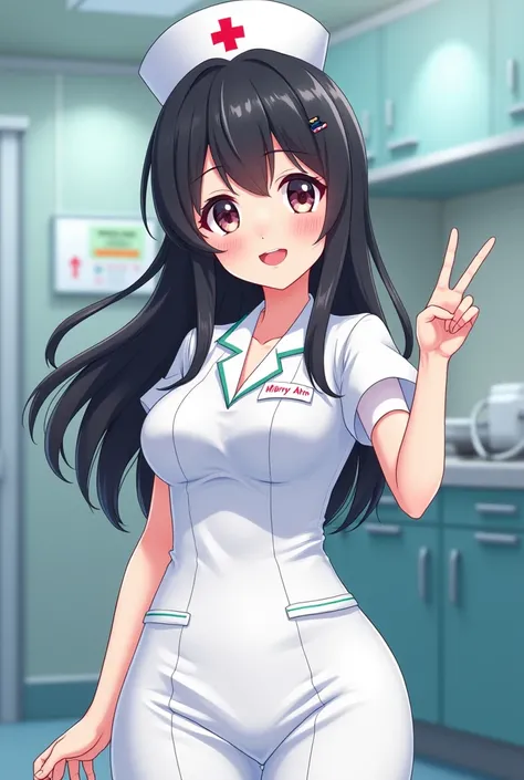 This is a 3D rendering of a stylized female anime character. She has large eyes, black hair, and is wearing a white nursing costume with name on patches "Mary ann" written on it and a white nursing cap And hes hand sign of peace while she smile.. The backg...