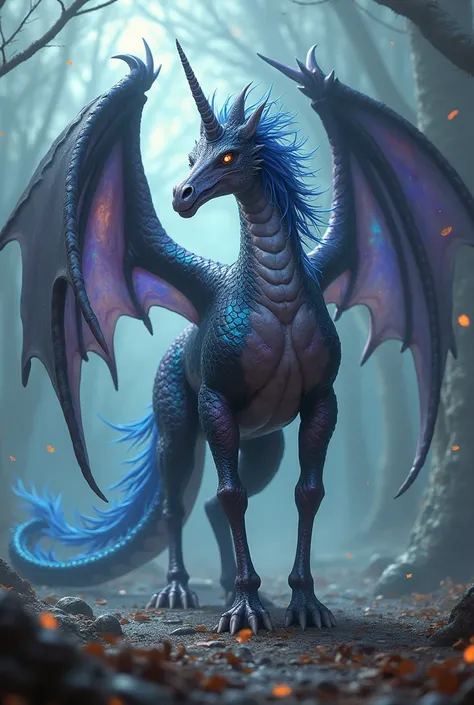 Unicorn fused with muscular human dragon with black hair and brown skin 