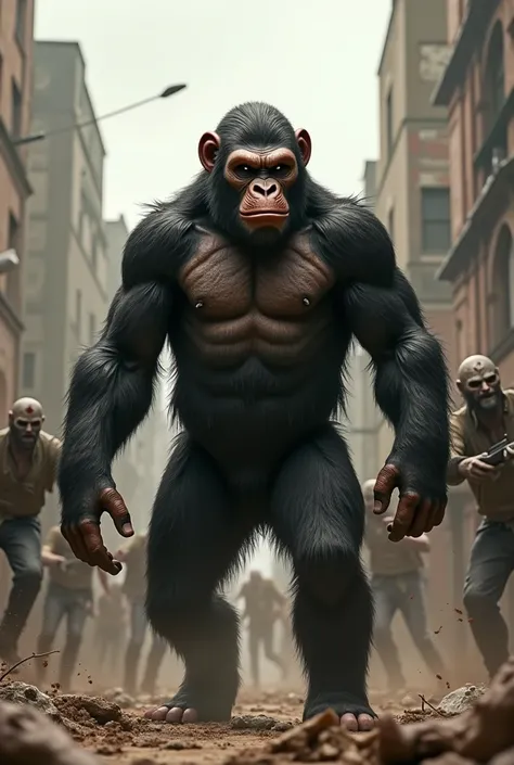 Create an ape like Cesar from Planet of the Apes by fighting zombies from The Walking Dead with the characters of Rick Grime and Negan