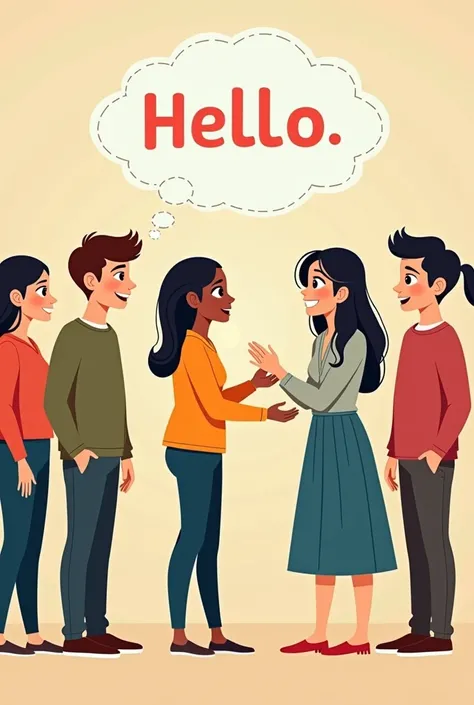 generate me a picture where one person from each country is saying hello in their own words such as Namaste, Hello , Bonjour, Salut , konichiwa as they are saying hello to the person wathcing the picture use cartoon figures and dress them as they represent...