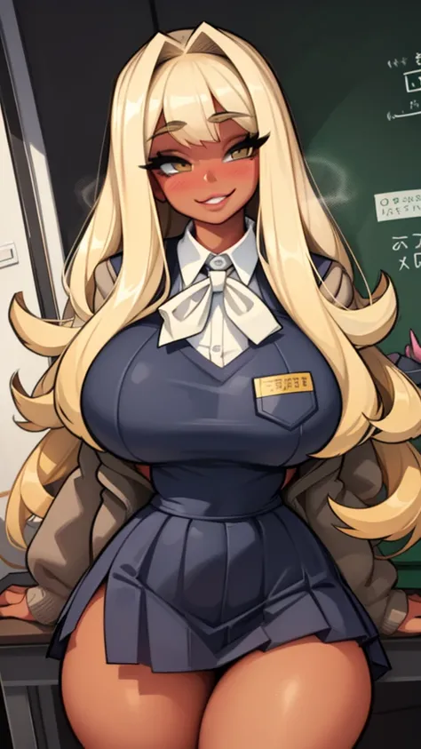 blonde, darkskin, gyaru, sly smile, huge breasts, school clothes, school uniform, bangs over eyes