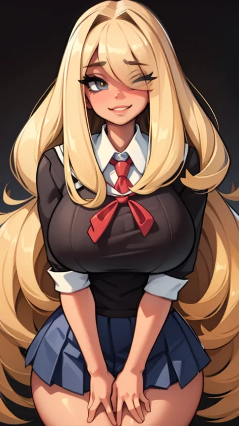 blonde, darkskin, gyaru, sly smile, huge breasts, school clothes, school uniform, bangs over eyes