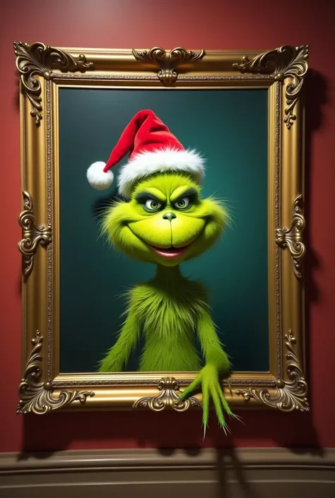  Create a 2D photo of a painting with a golden frame, dove il soggetto allinterno del quadro, è il Grinch.  The phantasmagorical Christmas character must be standing with a Christmas hat on his head. The face must have a playful expression . Il Grinch deve...