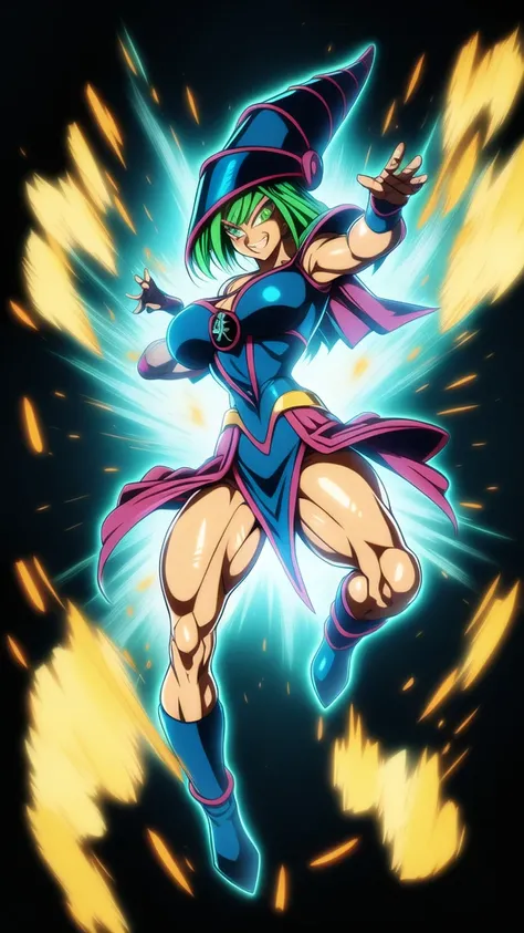 
dbsuper style, (extremely detailed CG unity 4k wallpaper),(masterpiece),(ultra quality),(ultra-detailed),(best illustration),(best shadow),(absurdres),masterpiece, best quality, cinematic light, 1girl, grin, dark magician girl, green hair, blue headwear, ...