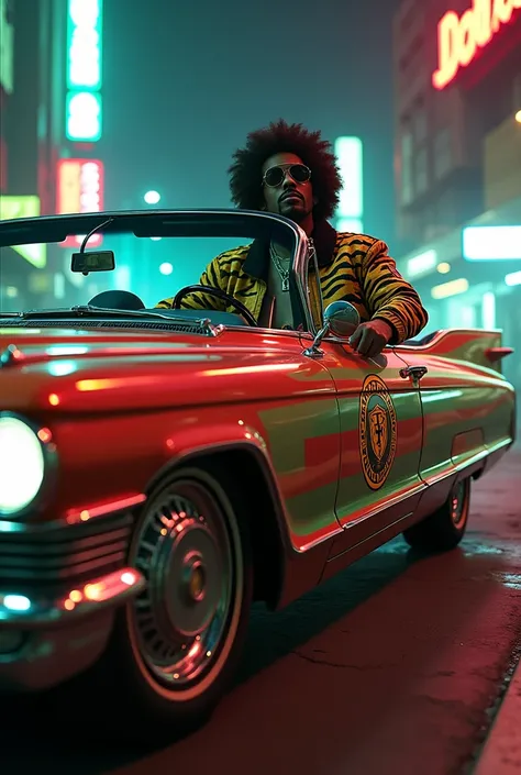 64 cadillac lowrider, tribe called quest logo paint, red green black stripes, man with tiger print jacket, sunglasses, big curly hair, mustache, highly detailed, cinematic, futuristic 90s, photorealistic, 8k, dramatic lighting, vivid colors, intricate deta...