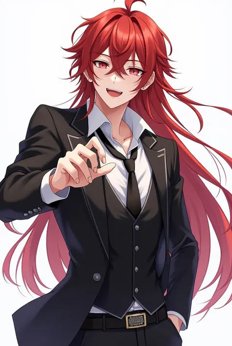 solo, male、 anime style black and vermilion long hair、Fluttering in the wind、Messy Hair、Alone, long hair, looking at viewer, open mouth, simple background, long sleeves, white background, 1boy, red eyes, hair between eyes, jewelry, standing, white shirt, a...