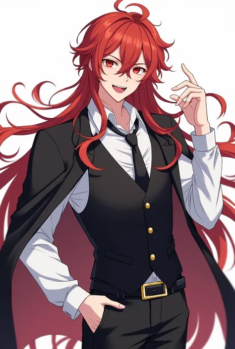 solo, male、 anime style black and vermilion long hair、Fluttering in the wind、Messy Hair、Alone, long hair, looking at viewer, open mouth, simple background, long sleeves, white background, 1boy, red eyes, hair between eyes, jewelry, standing, white shirt, a...