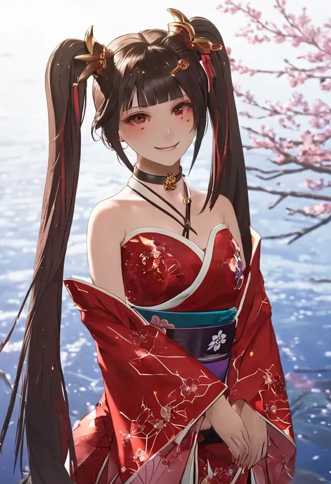 ((best quality, amazing quality, very aesthetic, highres, incredibly absurdres, retouched, smooth lines, excellent color,shiny skin )), sparkle_(honkai:_star_rail)  ,twintails, hair ornament, off shoulder kimono, mask on head, detached sleeves, choker, obi...