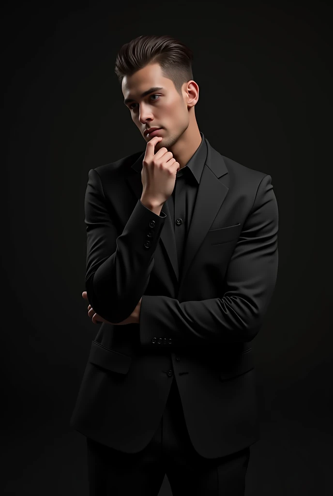 An attractive and seductive athletic man in a black suit holding his chin 