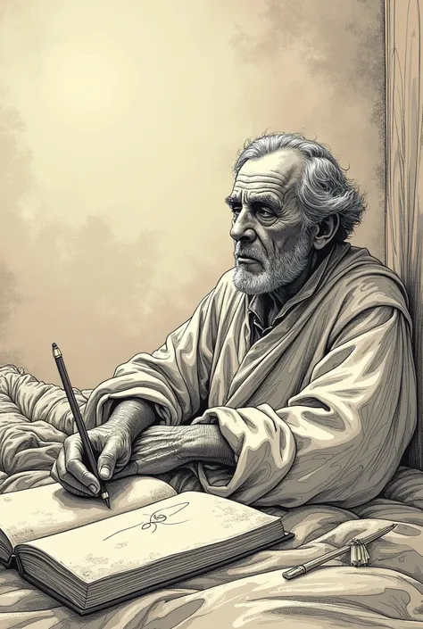 Don Quixote lying on a bed, drawing type, for coloring