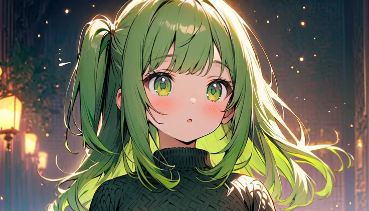 best quality, amazing intricate, cute girl, round eyes, heartwarming, sleepy, medium breast,
(green hair, one side up) and (green eyes),
from front, portrait, standing,
She is wearing a knit dress.