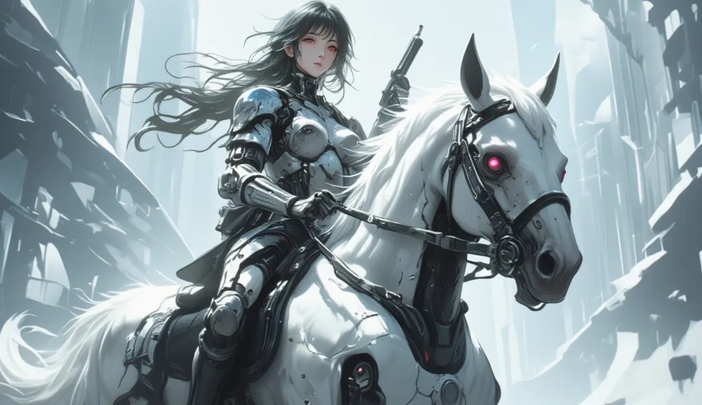 a semi robotic female knight riding a white mechanical horse with flowing long hair and holding a handgun is a future police off...