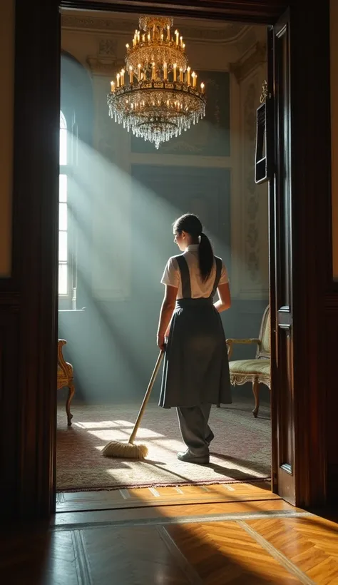 a female janitor cleaning a restricted area, intricate interior, high-ceilinged room, parquet flooring, ornate furniture, chandelier, dust motes in sunlight, cinematic lighting, moody atmosphere, highly detailed, photorealistic, 8k, masterpiece